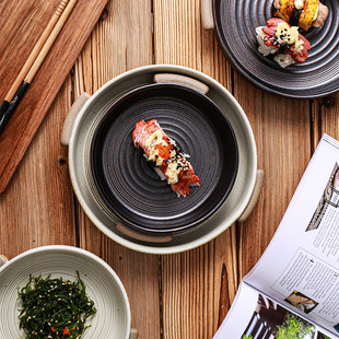 螺纹双耳圆盘复古粗陶瓷盘子平盘寿司盘餐具意境盘焗饭盘日式料理