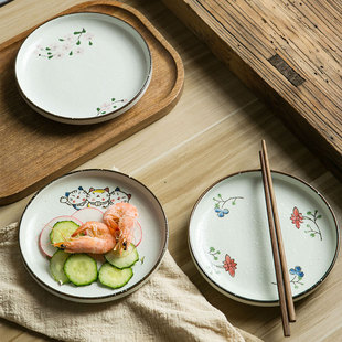 和风盘子7寸平盘翻盘菜盘果盘家用创意陶瓷餐具卡通花卉饭盘 日式