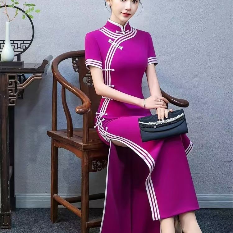 2025新款高端大气走秀长款旗袍中老年模特宴会舞台演出舞蹈服年轻