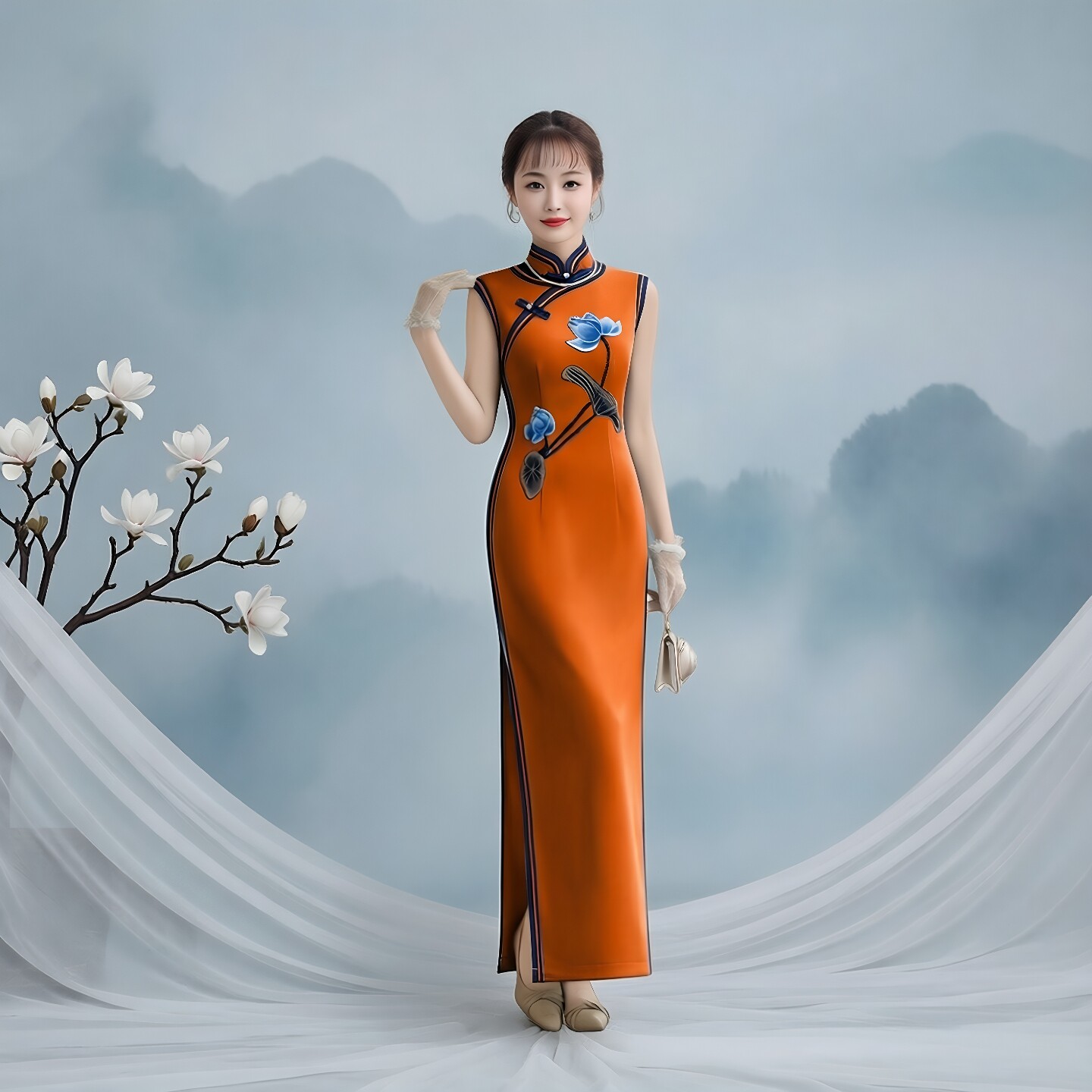 新中式盘扣开叉旗袍礼服长款