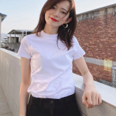 上衣打底黑色 纯棉紧身体恤2026春款 半高领短袖 白色t恤女修身