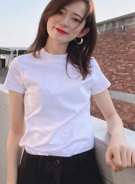 半高领短袖白色t恤女修身纯棉紧身体恤2026春款上衣打底黑色