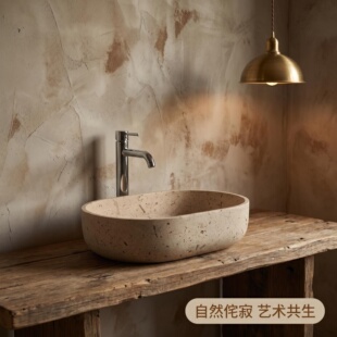 侘寂风天然洞石台上盆椭圆形洗手盆轻奢艺术洗脸盆