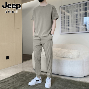 潮流帅气短袖 Jeep吉普男士 夏季 运动一套男 休闲套装 t恤搭配束脚裤