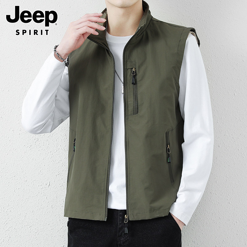 JEEP VEST MENS AUTUMN NEW VERSATILE WORKWEAR CANT SHOULDER VEST CASUAL SPORTS STAND-UP COLLAR SLEEVELESS JACKET MENS