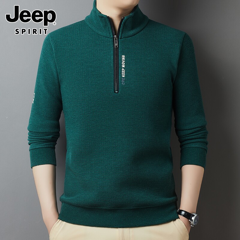 JEEP SWEATER MENS WINTER 2024 HALF-TURTLENECK ZIPPER BOTTOM SWEATER ONE-IN-ONE VELVET THERMAL KNIT MEN