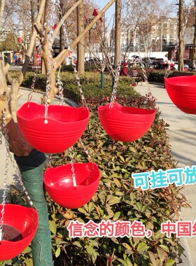 大号垂吊盆花盆加厚树脂塑料挂盆绿萝吊兰春节新年喜庆红装饰用品