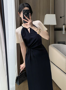 安安2026新款法式茶歇裙纯收腰裙拼接黑色气质名媛连衣裙女1348