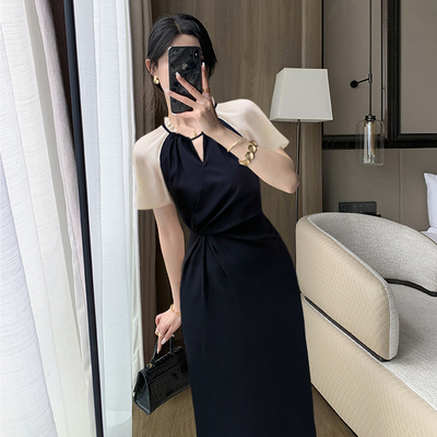 安安2026新款法式茶歇裙纯收腰裙拼接黑色气质名媛连衣裙女1348