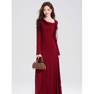 连衣裙收腰气质长裙回门服女D4003 红色赫本风长袖 2025秋季 新款