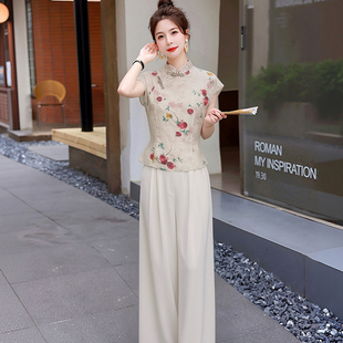 裤 2026新中式 改良旗袍领上衣碎花小飞袖 衬衫 两件套D5192 子套装