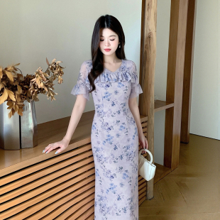 有里布法式绝美2026气质碎花新款夏季度假收腰长裙连衣裙D4958