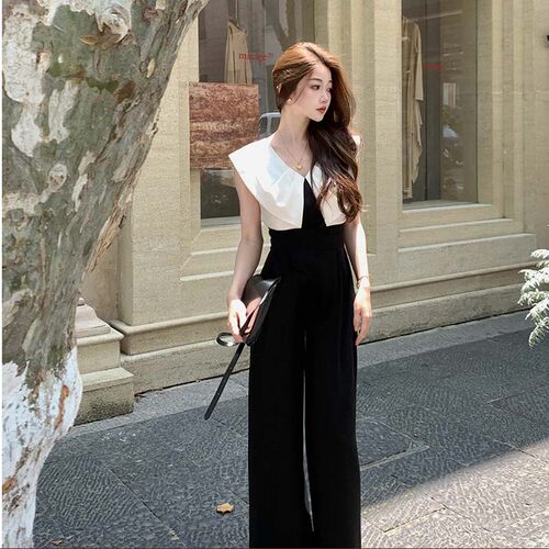 黑色撞色高腰显瘦阔腿连体裤气质轻奢百搭阔腿裤夏季连衣裤D2098