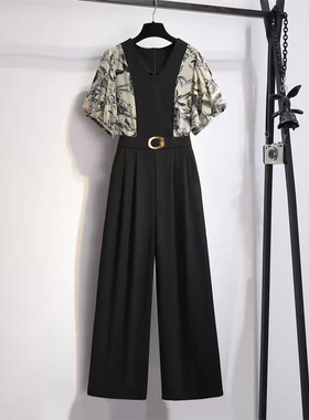 高级感连体裤女夏新款减龄显瘦印花拼接连体衣阔腿裤D1194