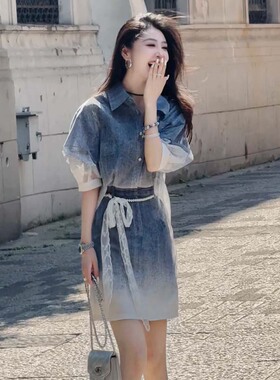 2025夏设计款渐变时尚上衣短裙两件套显瘦收腰衬衣裙子套装D1985