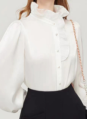 立领衬衫女长袖新款喇叭袖通勤上衣打底时尚小众白色衬衣2954