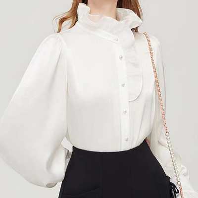 立领衬衫女长袖新款喇叭袖通勤上衣打底时尚小众白色衬衣2954