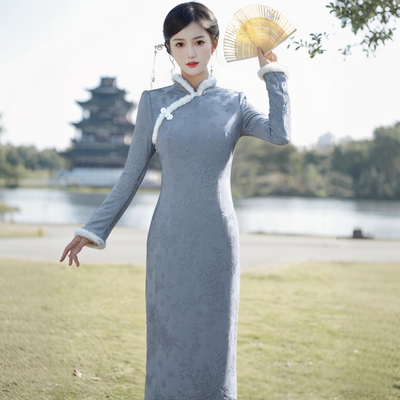 【加绒加厚】蓝色新中式日常改良旗袍女秋冬加绒长袖连衣裙D4179