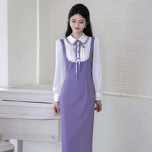 假两件法式 送胸花穿搭衬衫 紫色连衣长裙D3527 新款 2025秋季