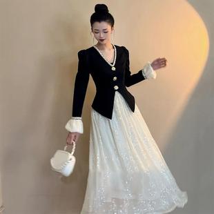 连衣裙D0310 收腰高档气质时尚 有里布2025新款 大裙摆拼接时尚