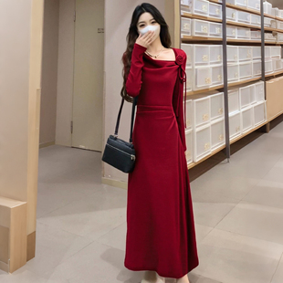 收腰气质长裙回门服女D4003A 新款 红色赫本风长袖 连衣裙2025秋季