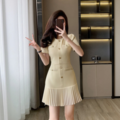 有里布法式连衣裙女夏富家千金感轻奢气质收腰设计百褶裙D1581A