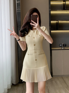 有里布法式连衣裙女夏富家千金感轻奢气质收腰设计百褶裙D1581A