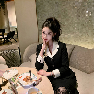 小香风黑色收腰西装外套蕾丝包臀裙套装女秋两件套气质套裙D3874