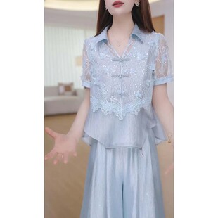 两件套2026夏季新款女新中式国风时尚气质显瘦阔腿裤套装 M0270