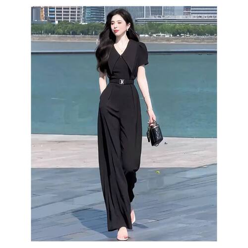 气质通勤高级感短袖连体裤女2026夏季收腰阔腿连衣裤女装D1905