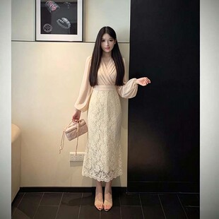 有里布2026早秋法式温柔风纯欲气质高腰显瘦蕾丝鱼尾连衣裙D11064