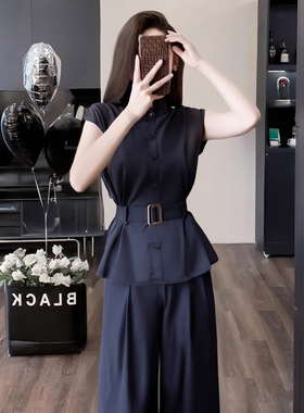 2026新款时尚轻奢清爽慵懒风短袖衬衫+高腰休闲阔腿裤套装D1671B