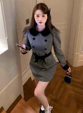 2025秋冬季新款【有里布】拼色娃娃领蝴蝶结显瘦a字连衣裙QJ0244