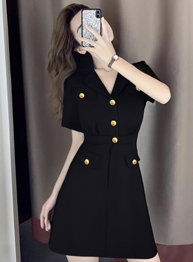 有里布法式设计感单排扣西装领短袖连衣裙夏季新款小黑裙D1693A