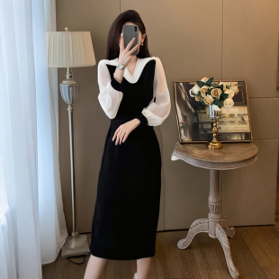 拼接修身 气质名媛优雅撞色长袖 显瘦黑色连衣裙D0588 新款 2026春季
