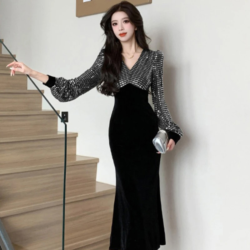 复古亮片拼接连衣裙女2025秋季新款高级感收腰修身包臀长裙子2793