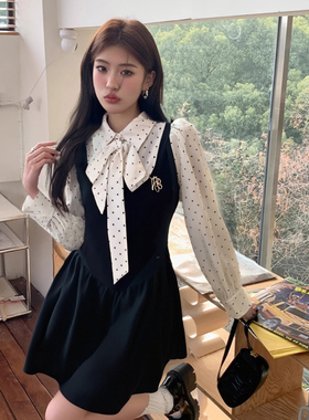 miu系富家千金连衣裙高级感小香风穿搭波点假两件收腰小黑裙D0489