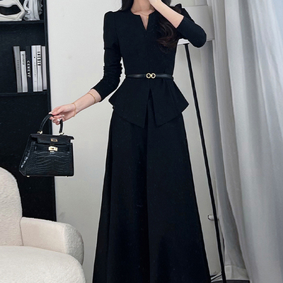 2025新款秋季黑色长袖女搭配一整轻奢高级感上衣裤子两件套D0161
