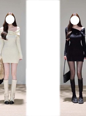 2025秋冬新款气质蝴蝶结纯欲打底裙一字肩包臀收腰连衣裙D4451