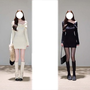 2026秋冬新款气质蝴蝶结纯欲打底裙一字肩包臀收腰连衣裙D4451