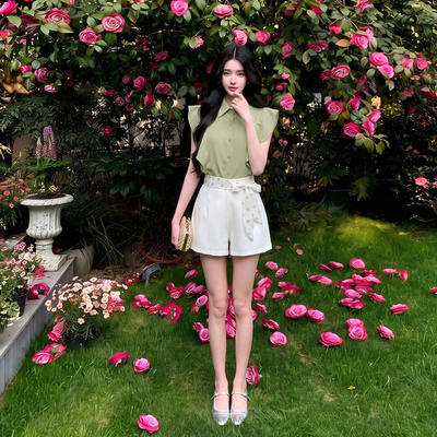 两件套含丝巾2026夏季女薄款碎花衫高腰显瘦气质西装裤套装D8745