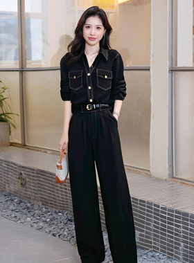 送腰带2025秋季新款复古轻奢显瘦翻领衬衫高腰阔腿裤套装JT0093A