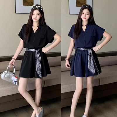 送丝巾2026新款时尚V领上衣短裤阔腿裤显瘦套装两件套D2807