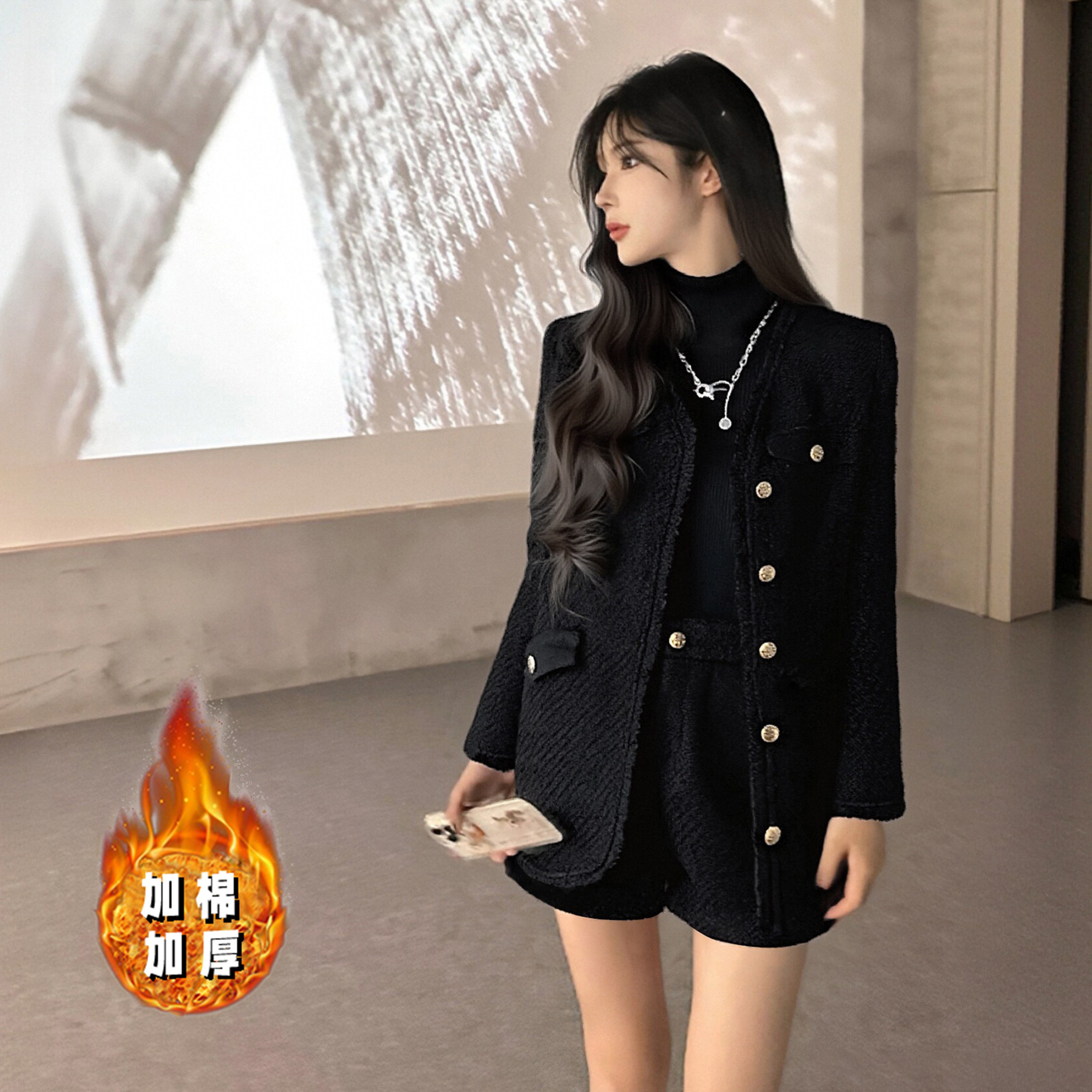 加棉加厚小香风套装女2025冬季新款高级感外套短裤两件套DM0221A,女装/女士精品,时尚套装,淘宝优惠券,粉丝福利购,淘宝优惠卷