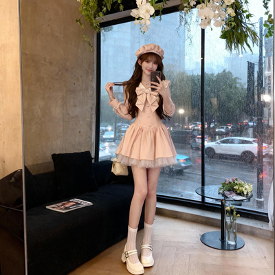 有里布甜美纯欲蕾丝裙2025秋季新款蝴蝶结粉色公主连衣裙QJ0040