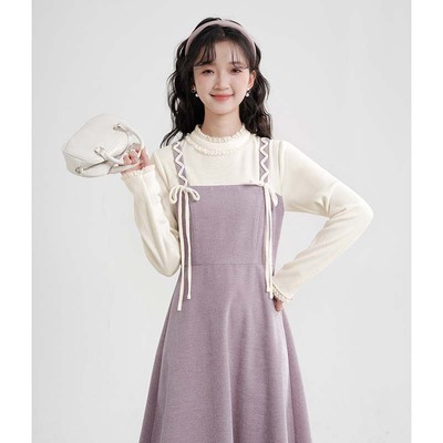 法式拼接假两件连衣裙2025秋季新款温柔风打底a字内搭长裙D4435