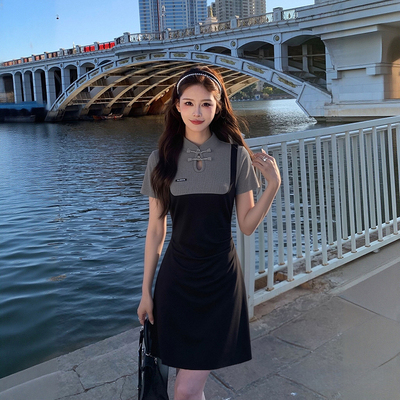 爆款拼接假两件减龄收腰显瘦2026夏季新款设计感时尚连衣裙D5365