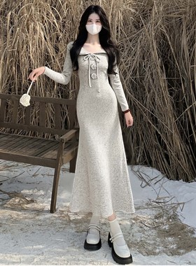 荷叶边收腰修身连衣裙女2025冬季新款小翻领收腰长裙D4176A