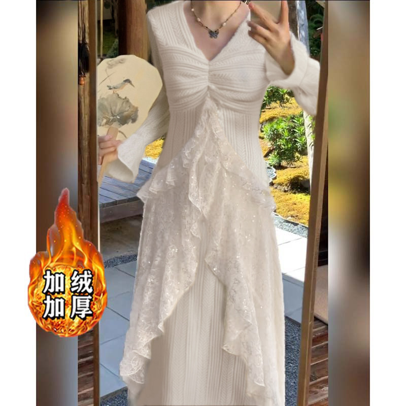 加绒加厚法式温柔风连衣裙2025秋冬新款高级感蕾丝拼接长裙QJ0217