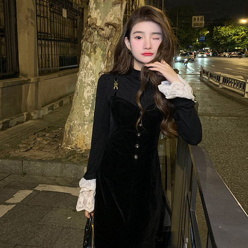 名媛风黑色裙蕾丝打底内搭收腰显瘦开叉气质连衣裙长袖小黑裙6260